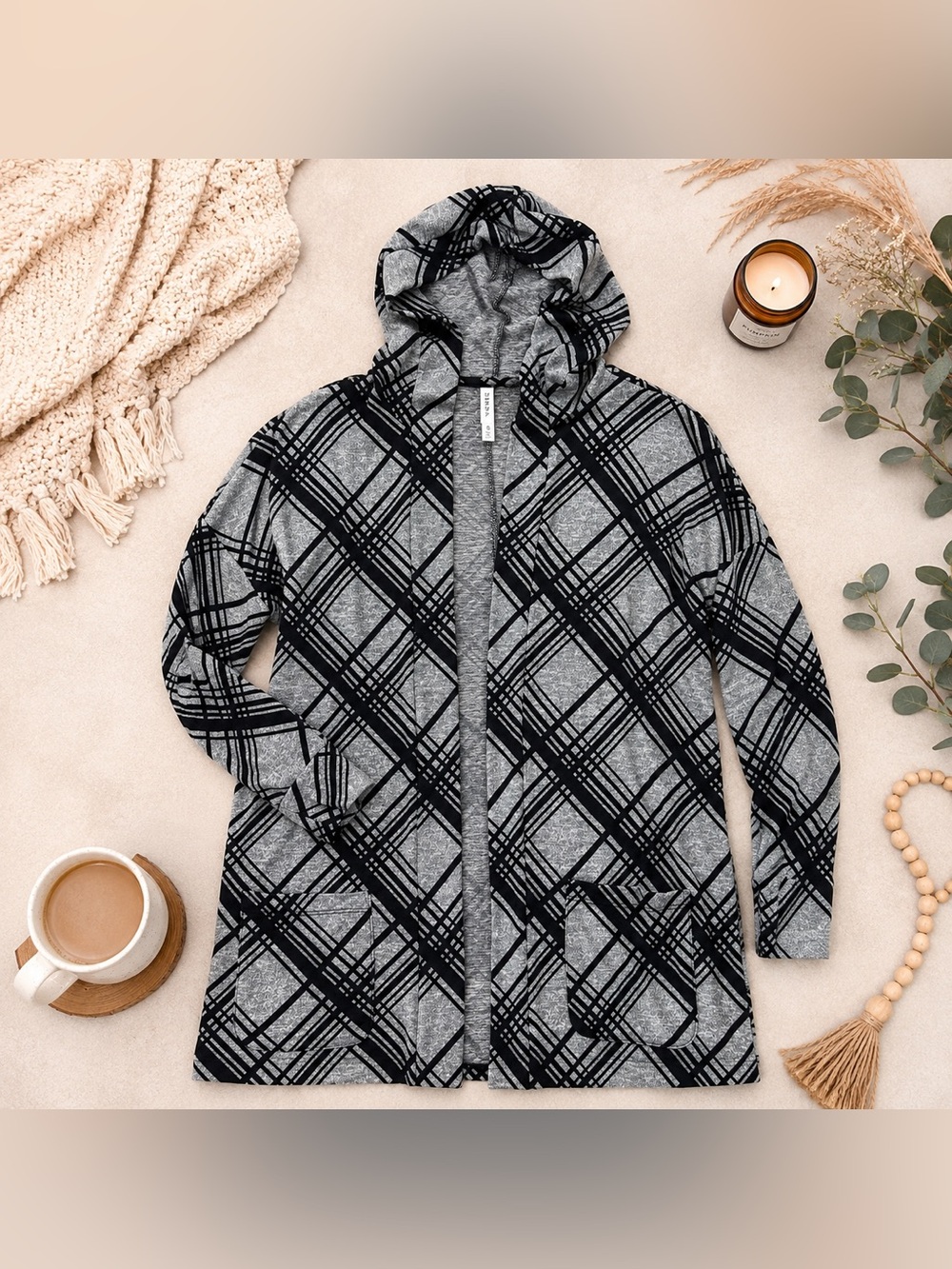 LuLaRoe Mackenzie Cardigan Gray Black Plaid Hooded Cozy Sweater Small